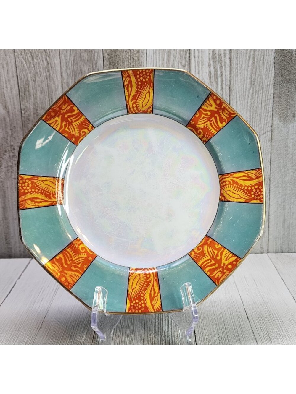 Vtg Noritake Painted Octagon Dinner Plate Orange Blue Gold Rim 8'' Made in Japan